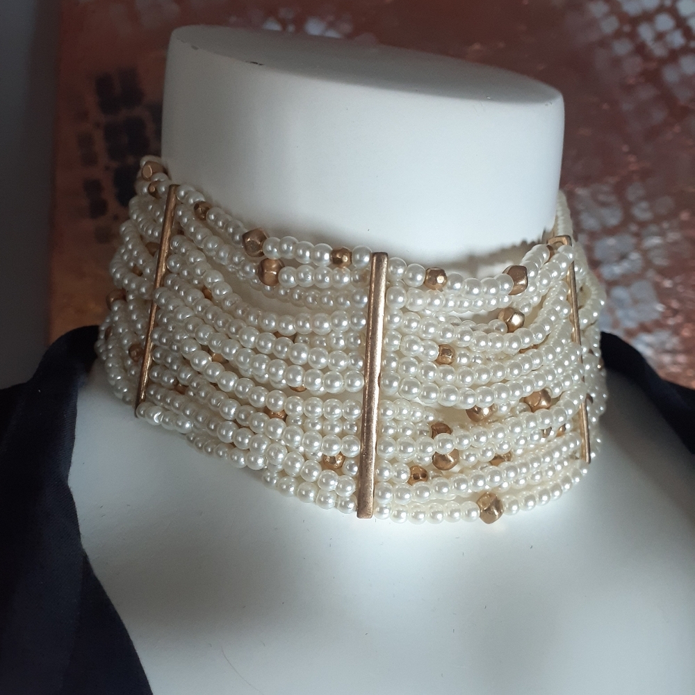 Zara Cream Pearl Multi-Row Choker with Gold Accents - Picture 3 of 14